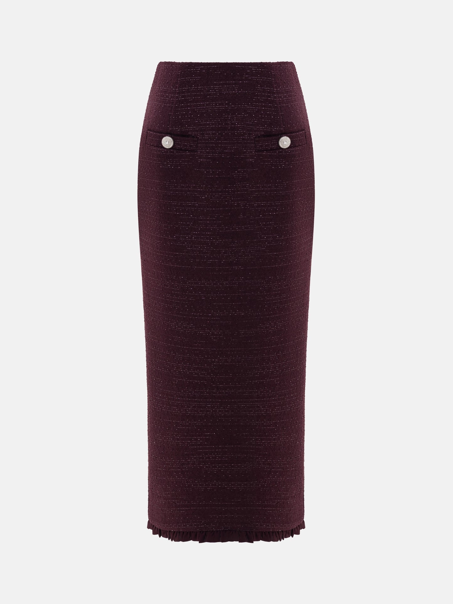 Straight-cut tweed midi skirt with ruffles