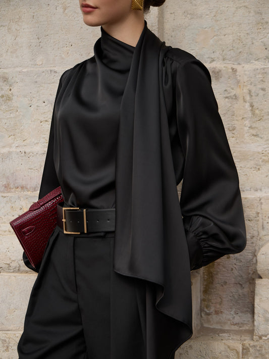 Blouse with decorative scarf in flowing fabric