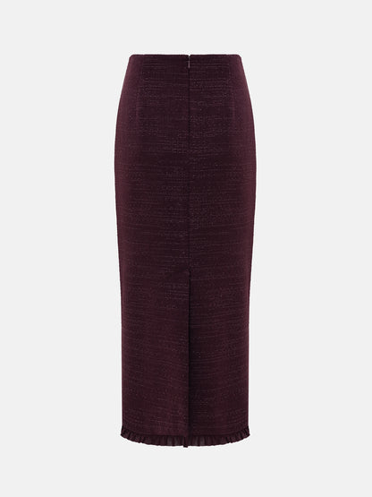 Straight-cut tweed midi skirt with ruffles